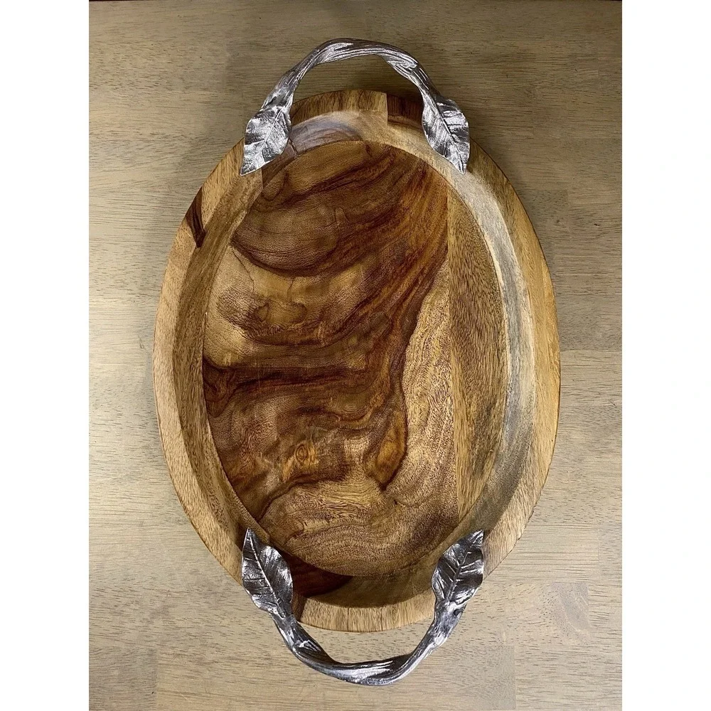 Vintage Pier 1 Wood Oval Serving Tray Pewter Leaf Twig Handle Charcuterie